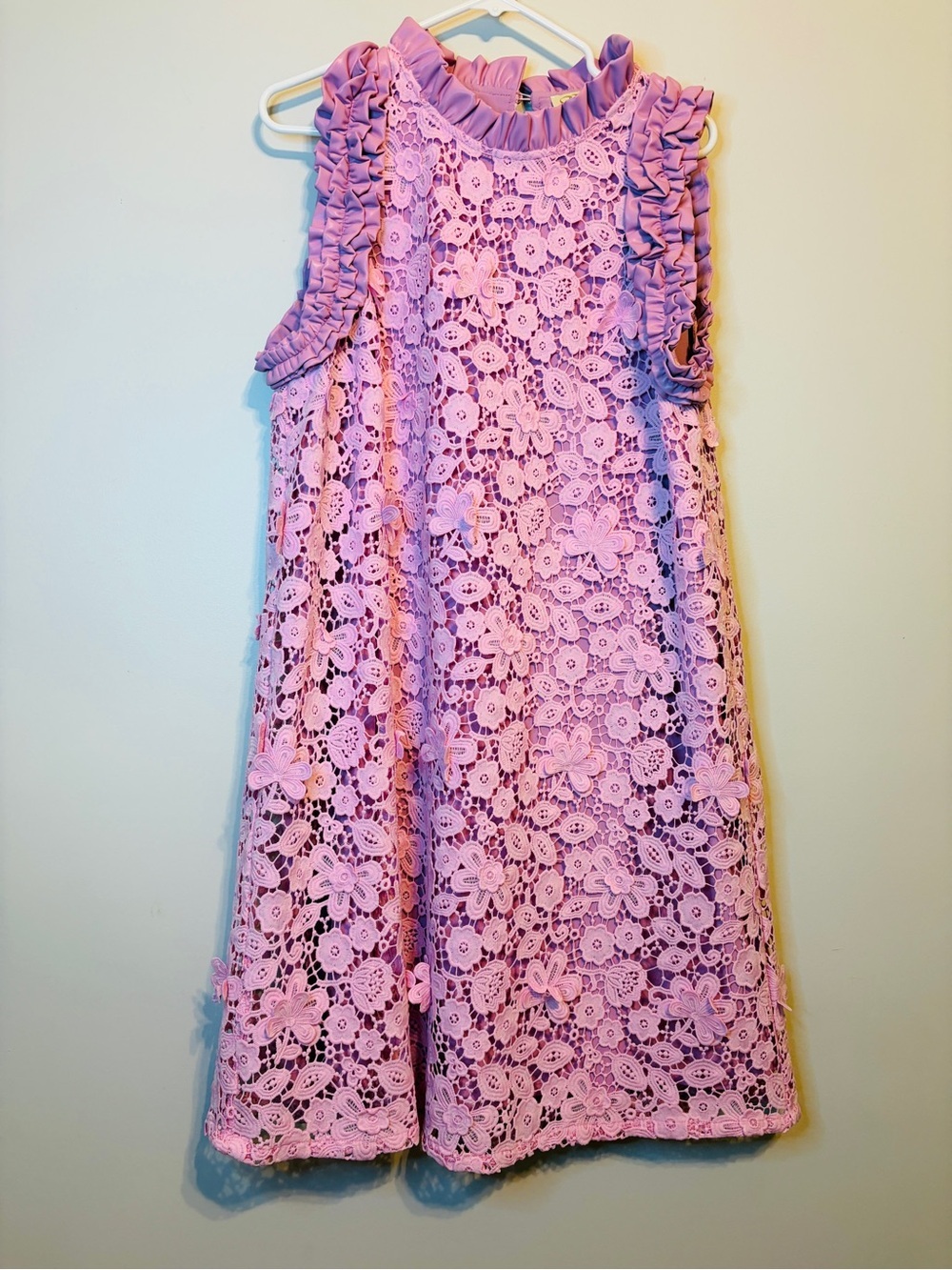 Beautiful Lavender Lace overlay with purple leather like Ruffle-Trim